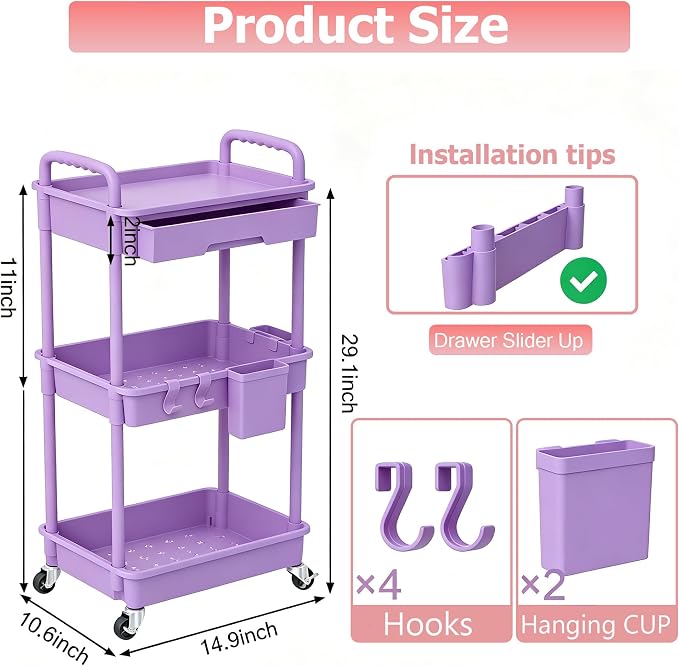 REBECAT 3 Tier Rolling Cart with Drawer, Utility Storage Cart on Wheels for Kitchen, Bathroom, Living Room,Office(Purple)