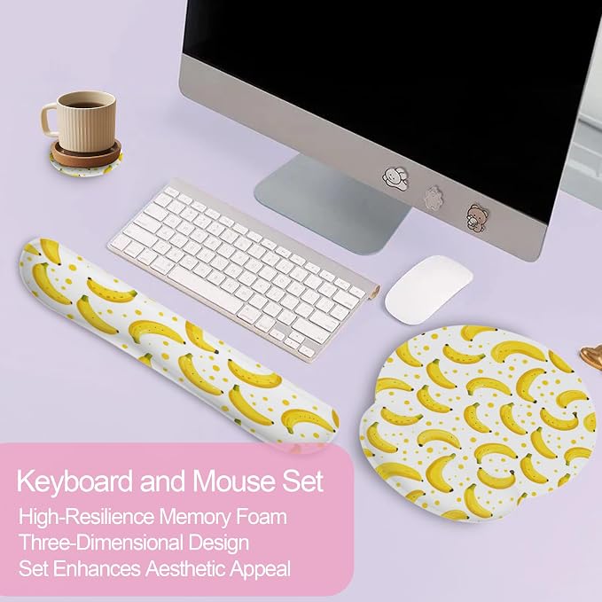Cute Banana Mouse Pad with Wrist Rest Set, 3-in-1 Wrist Support Mousepad Set, Gaming Mat Pad with Anti-Skid Base,Ergonomic Memory Foam Mouse Pad Set for Women, Office, Typing, Gaming