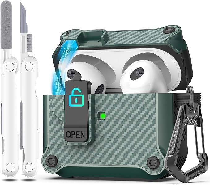 R-FUN for AirPods 3 Case Cover with Lock Magnetic Lid, Pine Green | Compatible with Apple AirPods 3rd Generation (2019) Case with Cleaner Kit & Carabiner, Powerful Drop Protection