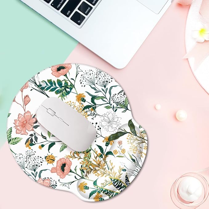 WAVEYU Ergonomic Mouse Pad with Wrist Support, Decorative Mouse Mat, Non-Slip Rubber Base Mousepad for Desk Laptop Gaming Working Computers Easy Typing & Pain Relief, 9''x 10'', White Flower