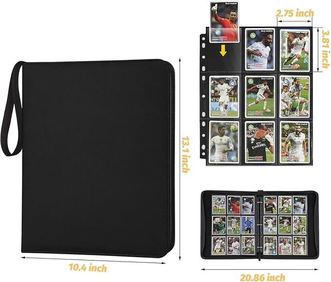 GERMUN 3 Ring 9 Pocket Zipper Card Binder, 720 Double Sided Standard PU Trading Card Album Folder for TCG & Sports Cards, Not Fit Top Loaders (Diamond Black)