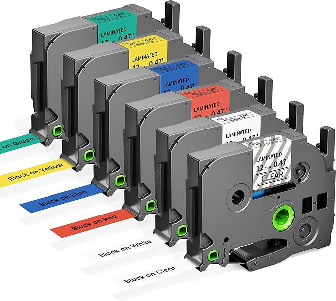 Label Maker Tape Colorful Compatible with Brother P-Touch Label Tape 12mm Laminated Black on White/Red/Blue/Green/Yellow/Clear TZe231 TZe131 TZe431 TZe531 TZe631 TZe731 for PTD210 D220 H110 H111 D410