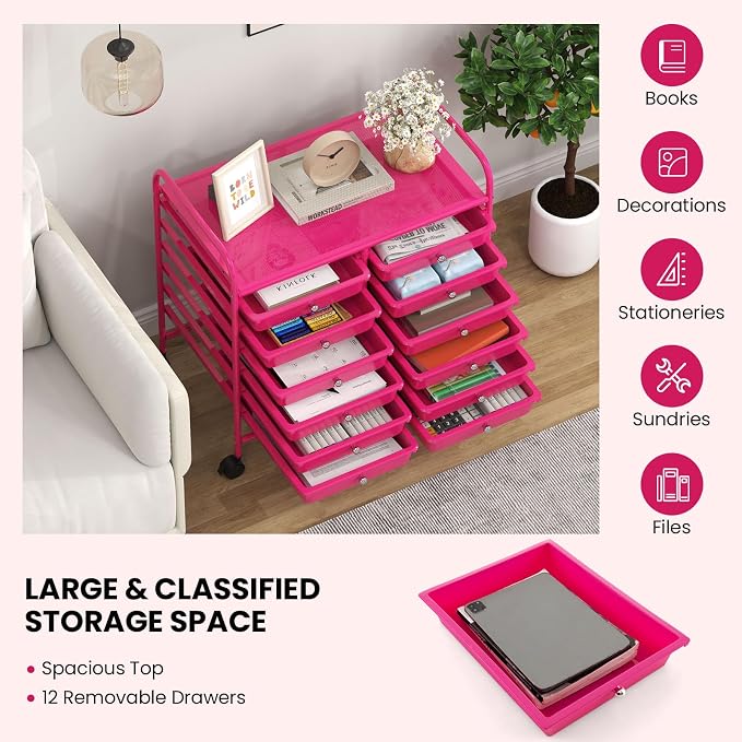 COSTWAY 12-Drawer Rolling Storage Cart, Utility Storage Organizer Cart | For Tools, Scrapbook, Paper, Craft, Multipurpose Art Supply Organizer on Wheels for Home Office School, Teacher, Hot Pink