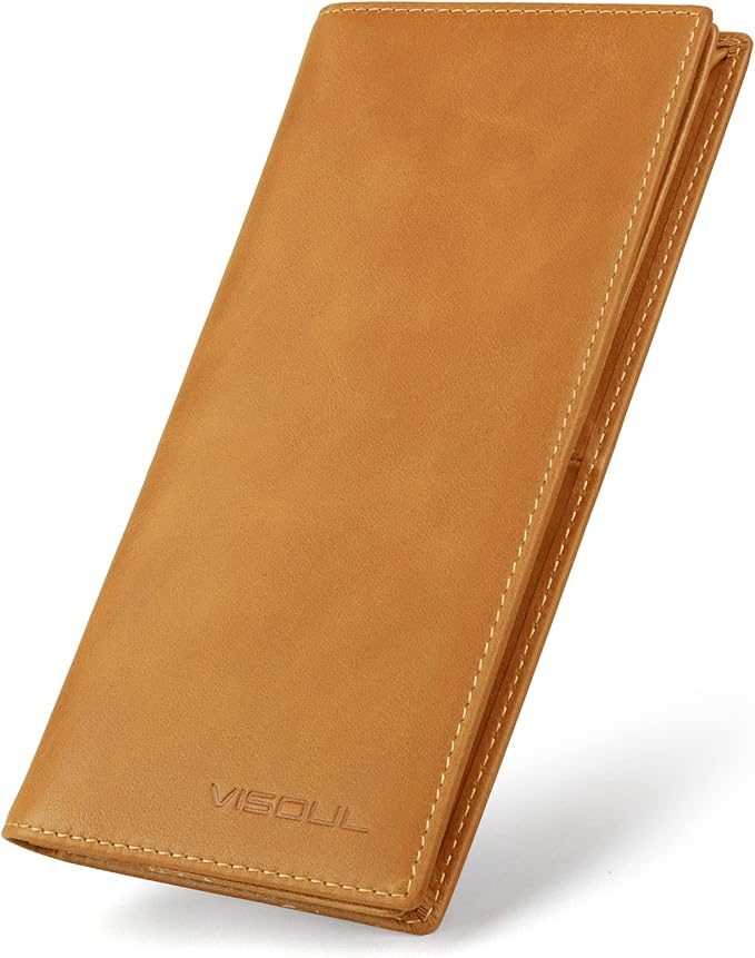 VISOUL Leather Checkbook Cover Wallet for Men with RFID Blocking, Mens Long Bifold Cash Tall Wallet with 11 Credit Card Slots 1 ID Window (Tan)