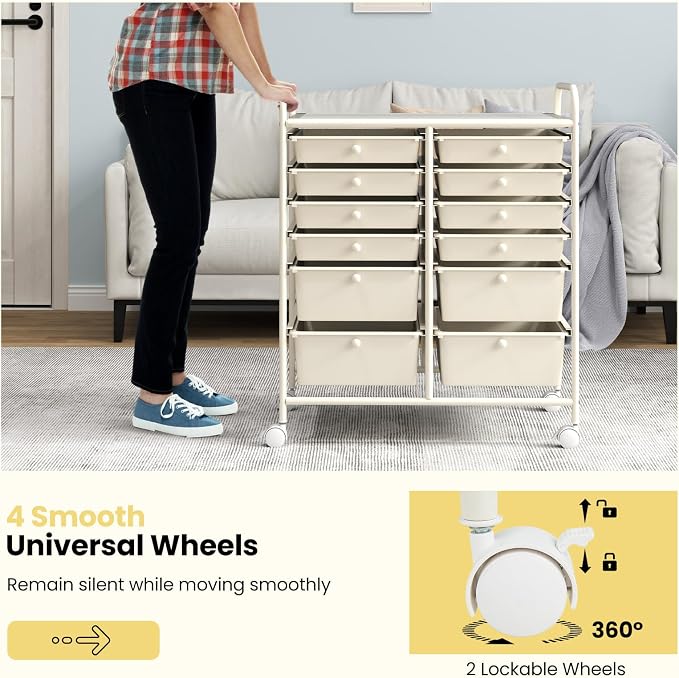 12 Drawer Rolling Storage Cart, Craft Cart Organizer on Wheels w/Metal Frame, Large Capacity & Smooth Drawer, Rolling Cart w/Drawers for Classroom, Office