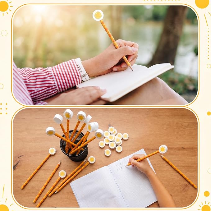 32 Pcs Sun Pencil with Eraser Summer Party Favors Gifts Stationery Supplies for Classrooms Exchange Reward Prizes Home Office School Supplies(Orange and Yellow)