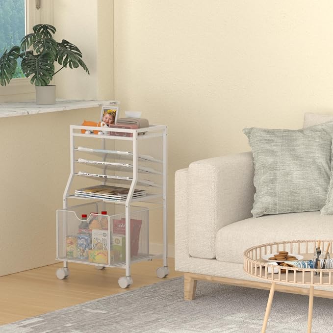 BOHDK Rolling File Cart, 6-Tier Desk File Organizer on Lockable Wheels, White Wood Planks & Mesh Sliding Hanging Folder Drawer, Organization Cart for Office Home School