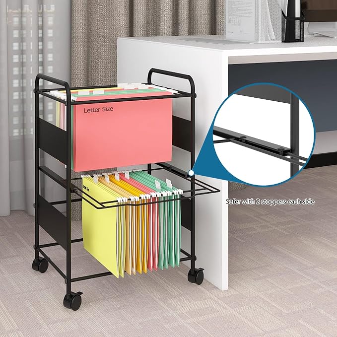 PUNCIA 2-Tier Metal File Cart with Wheels Pull-Out Rolling Folder Organizer | Black Mobile Hanging File Cabinet for Letter Documents Home Office Storage Easy to Move and Access