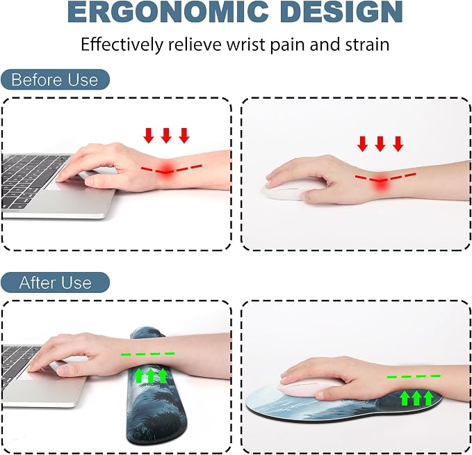 Ergonomic Mouse Pad with Wrist Rest and Keyboard Wrist Rest, Mousepad | Memory Foam Wrist Rest for Computer Keyboard, Pain Relief, Non-Slip Base, Mouse Pad Wrist Support for Gaming, Cloud Forest