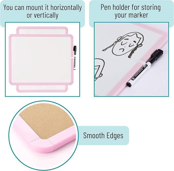 Mr. Pen- Dry Erase Board, 14” x 11” with a Black Dry Erase Marker | Pink Frame, Small Mini White Board for Students, Fridge, Wall, Locker, Includes Double Sided Tapes