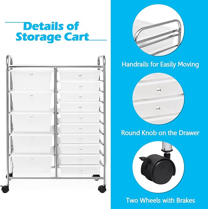 RELAX4LIFE 15-Drawer Rolling Storage Drawer Cart Organizer | 34.5"H Chrome Frame, Semi-Transparent Clear Drawers Rolling Wheels; School Office Home Salon Multipurpose Utility Storage