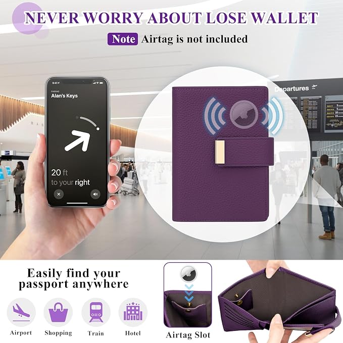 BKNOOU Passport Holder with Airtag Slot Travel Wallet Compact for Women Men, Leather Passport Wallet RFID Blocking Passport Holder for Travel with Zipper Coin Pocket, Holder Cash, Card (Purple)