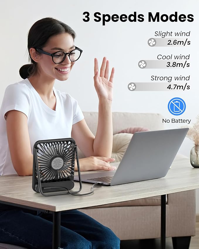 Koonie USB Desk Fan, Strong Wind Ultra Quiet Small Mini Fan | 180° Tilt Folding & 3 Speeds Adjustable, USB-C Corded Powered Personal Fan for Office Desktop Bedroom, Black, NO BATTERY