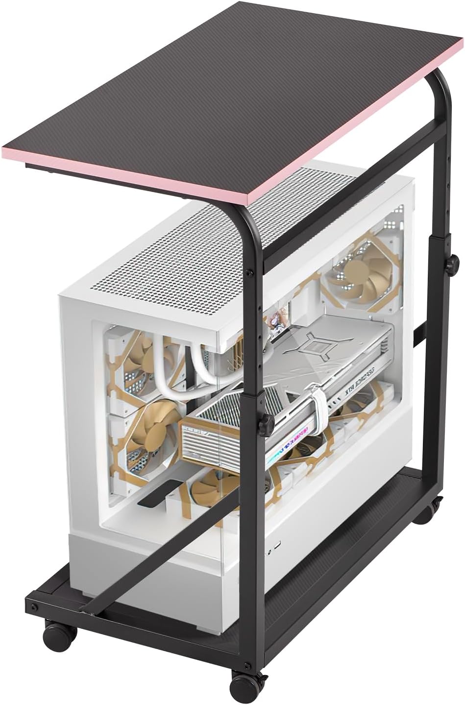 Ergonomic Height Adjustable Computer Tower Stand, 2-Tier CPU Holder Cart Under Desk, PC Floor Stand for Office Gaming Black and Pink