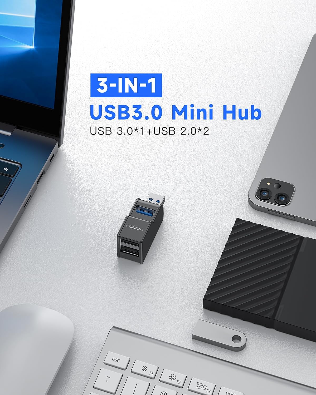 FORIDA 3 Ports USB 3.0 Adapter, USB Hub with 1 USB 3.0 and 2 USB 2.0 Ports, Portable USB Port Splitter for Keyboard, Mobile Hard Disk, U Disk, Camera, Mouse, etc (Black)