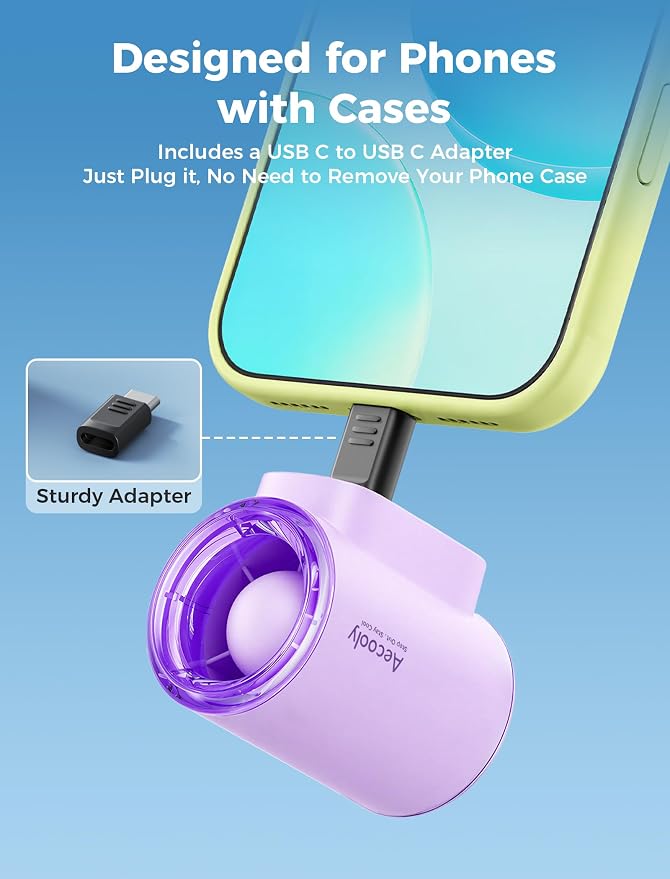 Aecooly Powerful USB C Phone Fan, 17000 RPM High Speed, 36ft/s Airflow | Compatible with iPhone, iPad, Tablet, 4 Speed Mini Portable Cell Phone Fan for Summer, Travel, Gifts for Women-Purple