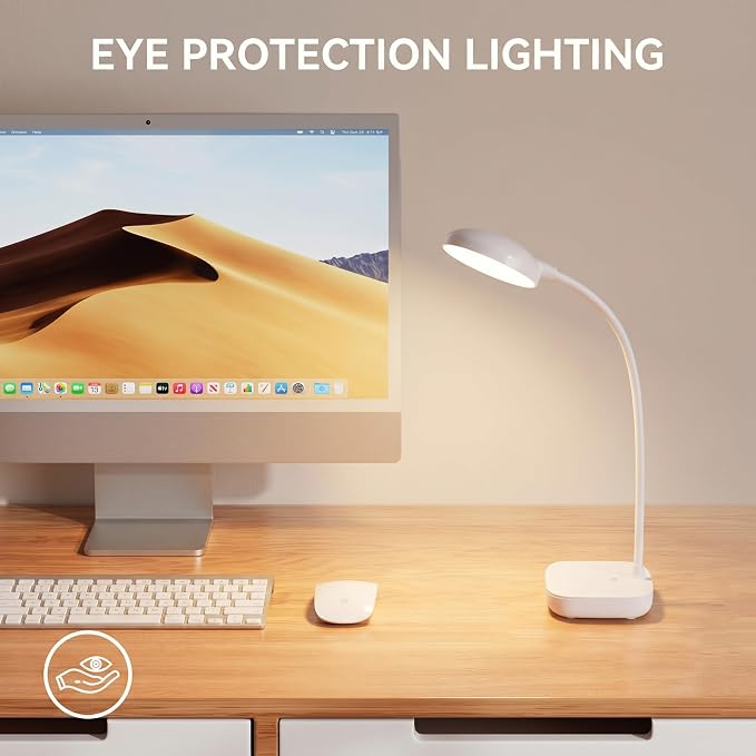 White Small Battery Powered Desk Lamp,Battery operated lamp,5W Rechargeable desk light,3 Colors,Adjustable brightness,360°Gooseneck Hose,Cordless lamps for small spaces,Eye-friendly and Energy Saving
