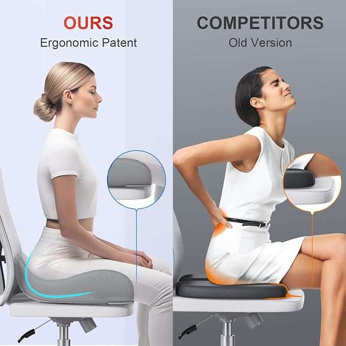 Benazcap XL Ergonomic Seat Cushion Relieves Sciatica & Tailbone Pain | Memory Foam cushion, washable cover & anti-slip base, long-sitting pad for office, gaming and car seats Gray