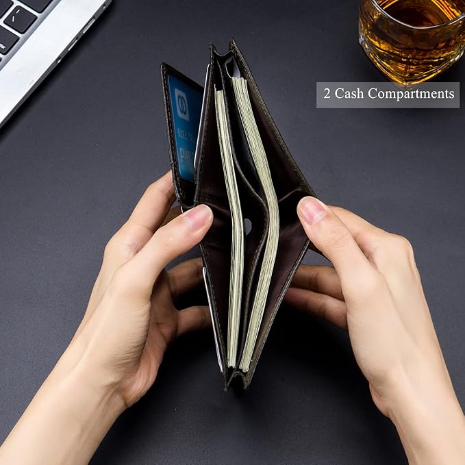 BULLCAPTAIN Large Capacity Genuine Leather Wallet for Men QB-027 | Bifold Wallet,RFID Blocking,Credit Card Holder,15 Card Slots,Special Expandable Design,gift choice