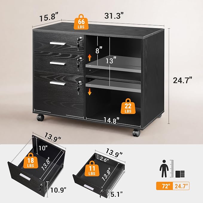 DEVAISE 3-Drawer File Cabinet with Lock, Mobile Wood Filing Cabinet, Black | Rolling Printer Stand, Office Cabinet, Open Storage Shelves, Letter & A4 Compatible, Home Office, Under Desk Storage