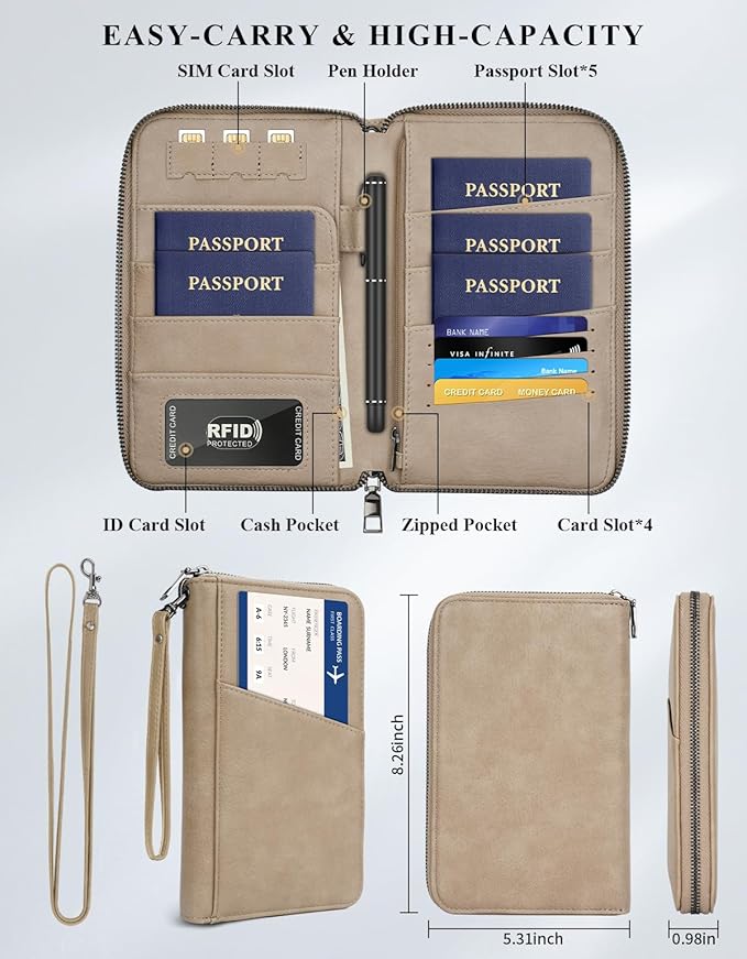 Family Passport Holder Wallet RFID Travel Document Organizer for Women Men, Portable Case Cover for Cards, Boarding Pass with Wrist & Neck Strap, Airtag Pocket, Travel Essentials Gifts (Sand, 1pack)