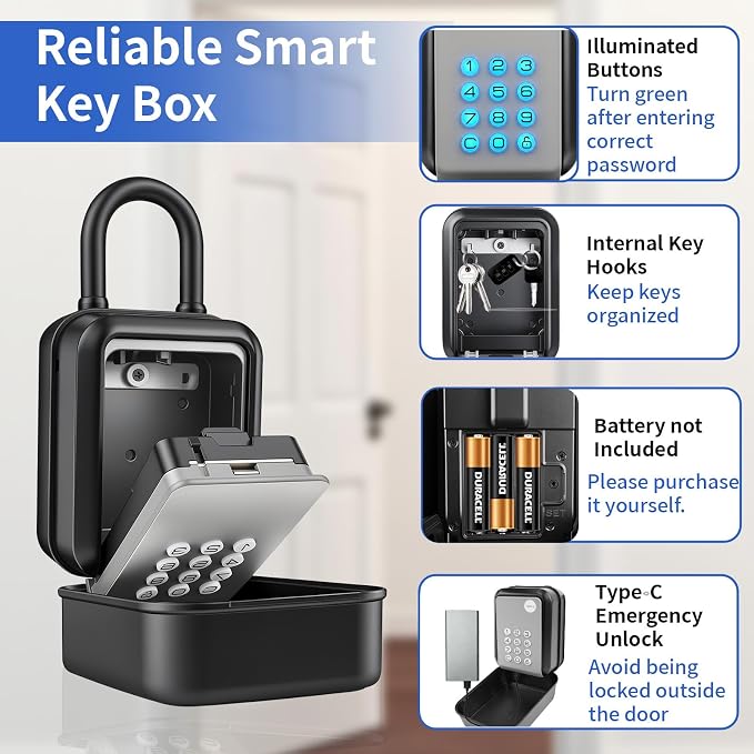 Smart Key Lock Box with Bluetooth APP, Remote Code Sharing & PIN Code Unlock, IP65 Heavy Duty Zinc Alloy Wall Mounted for Airbnb Hosts Realtors, Holds 5 Keys+Cards (Gray)