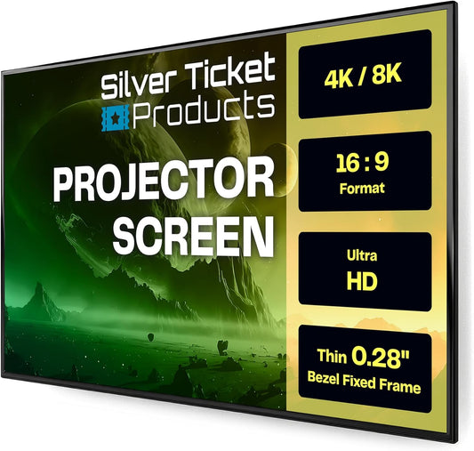 Silver Ticket Products S7 Series 6 Piece Thin Bezel Home Theater Fixed Frame 4K/8K Ultra HD, HDTV, HDR & Active 3D Projection Screen, 16:9 Format, 128" Diagonal, White Material S7-169128