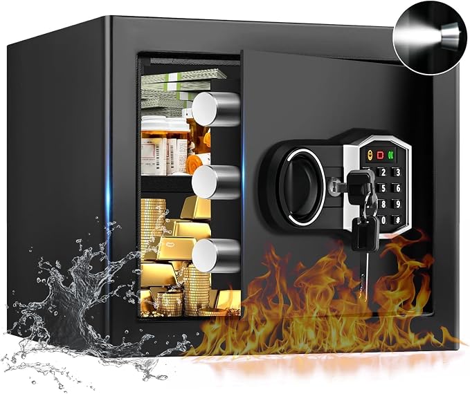 1.3 Cub Small Fireproof Safe for Home, Security Anti-Theft Fire Proof Safe Box with Spare Keys, Programmable Keypad and Alarm System, Digital Fireproof and Waterproof Safes for Document Money Medicine