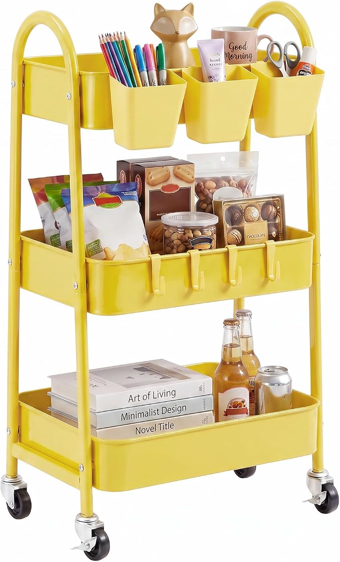 3-Tier Rolling Cart, Utility Cart Mobile Metal Rolling Storage Cart with Lockable Wheels & Hanging Cups & Hooks for Kitchen, Bathroom, Office, Workshop, Yellow