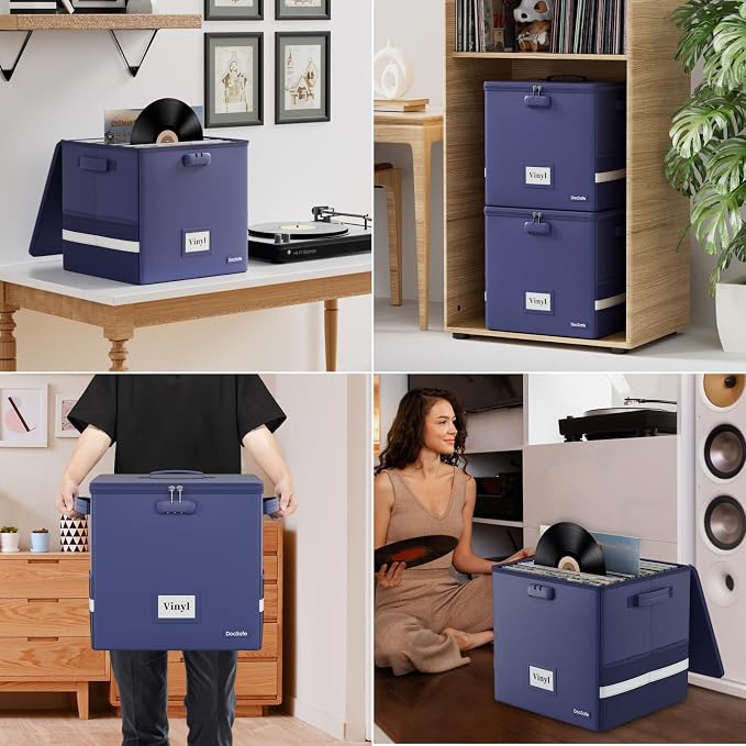 DocSafe Vinyl Record Storage Box with Lock,Fireproof Record Organizer Storage for 100+ Single Records(12-inch), Collapsible Storage Crate with Lid & Handles for Valuable Album Collection,Blue,2 Pack