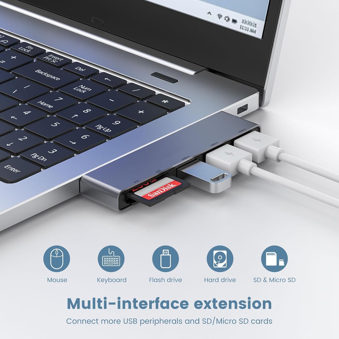 Fidioto USB A Hub, Networking Hubs Right Model 5-in-1 Adapter with 1 USB3.0 &2 USB2.0 & Micro SD/TF Card Reader, Compatible for Laptop MacBook, Chromebook, Dell, HP, Samsung, Keyboard, Mouse Etc.