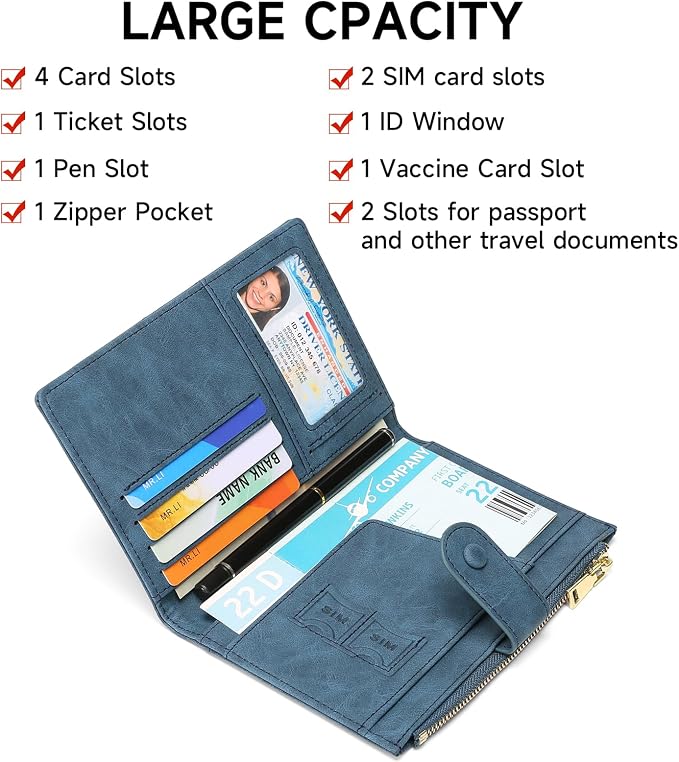RFID Blocking Leather Passport Wallet Cover Case with Pen and Card Slots Travel Wallet for Women/Men Travel Must Haves Accessories