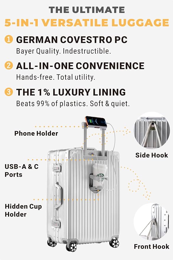 22-Inch Aluminum Frame Hardside Checked Luggage, White | Zipperless PC suitcase, short trip essentials, dual TSA locks, cup holder, USB port, phone stand, bag hook, spinner wheels