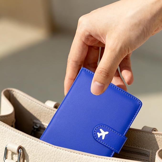 Passport Holder, Cute Travel Wallet Cover with RFID Blocking,Blue | PU leather travel wallet with magnetic closure, card slots, pen loop, and easy access for passports and essentials.