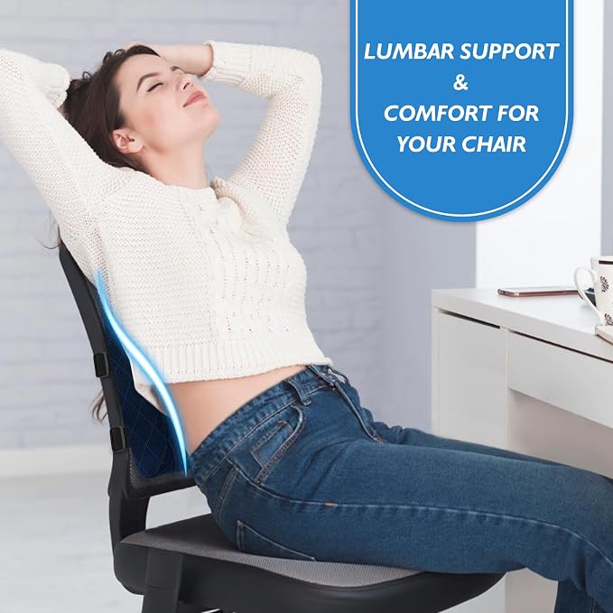 Lumbar Support Pillow for Office Chair, Back Support, Memory Foam, Blue | Improve Sitting Posture & Back Pain Relief. Lumbar Pillow Fits Office, Gaming & Car Chairs with Adjustable Dual Straps