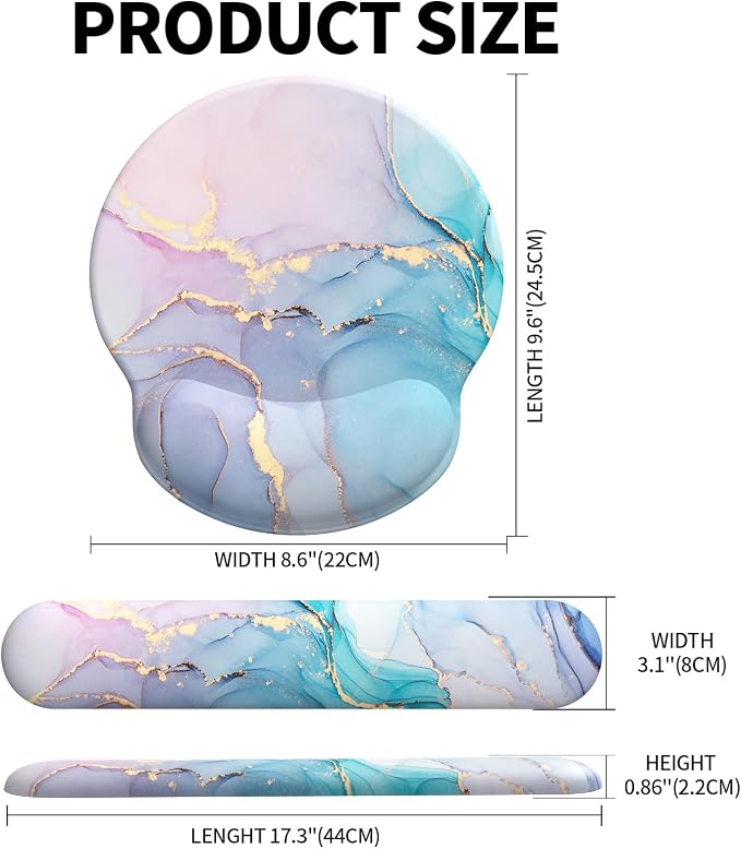 Mouse Pad Wrist Support, Ergonomic Memory Foam Keyboard Wrist Pad & Gel Wrist Rest Set for Computer Keyboard for Easy Typing & Pain Relief for Office & Home (Cyan Pink Marble)