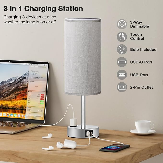 Grey Nightstand Table Lamp for Bedroom - 3 Way Dimmable Bedside Lamp USB C A Charging Ports and AC Outlet, Small Table Lamp Silver Base for Living Room, Office Desk, LED Bulb Included
