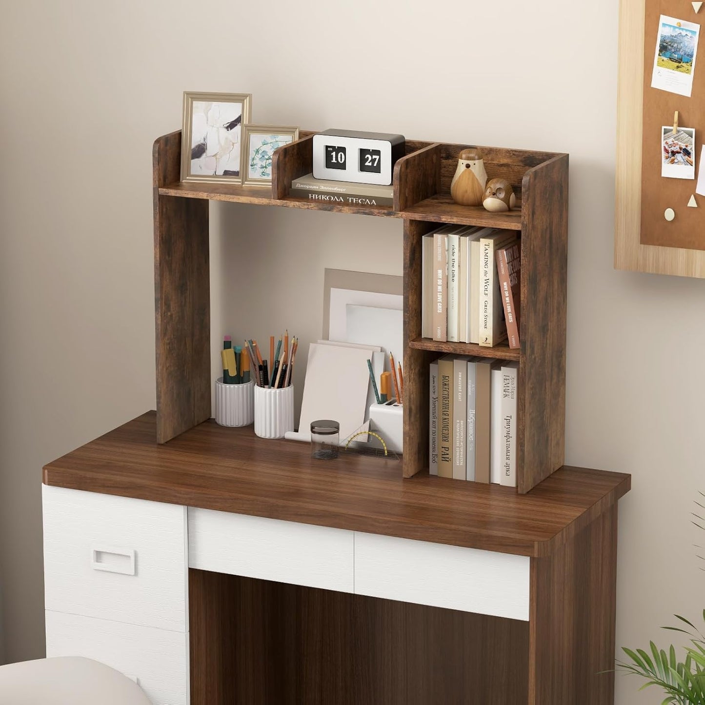 Tangkula Desktop Bookshelf, Countertop Storage Hutch with 5 Shelves for Computer Desk, Desktop 3-Tier Display Rack, Multipurpose Wood Desktop Hutch Storage Organizer for Dorm Office, Brown