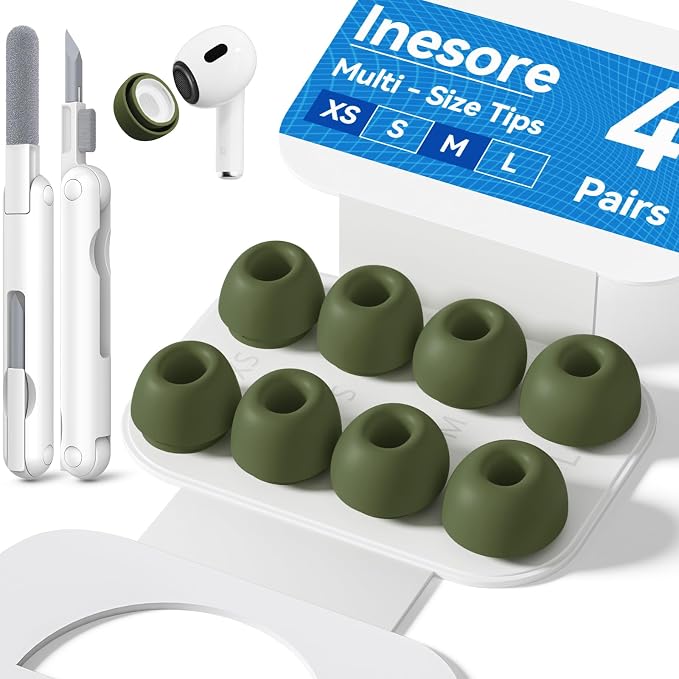 Inesore 4 Pairs Replacement Ear Tips for AirPods Pro 2nd/1st (Dark Green) | with Noise Reduction Hole & Built-in dust Guard Screen,Silicone,with Portable Storage Box & Cleaner Pen,4 Size (XS/S/M/L)