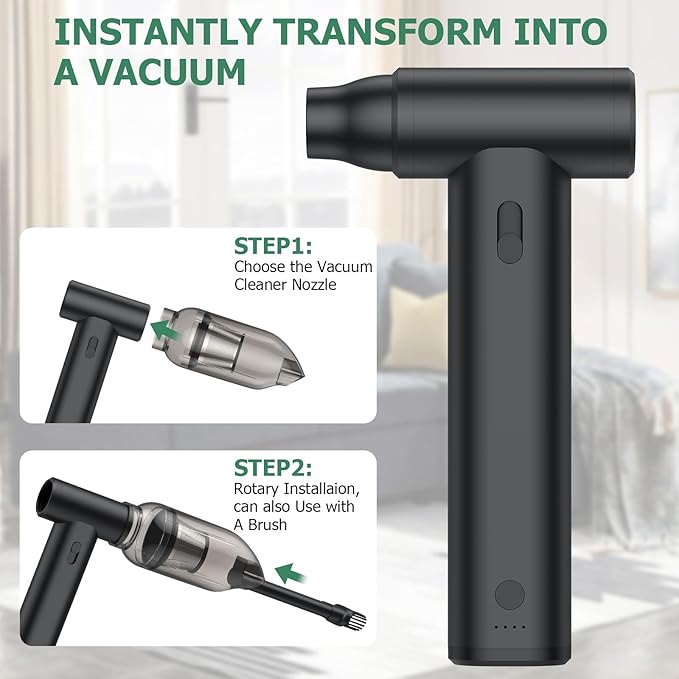 JiGiU 2 in 1 Electric Air Duster and Mini Vacuum 125000rpm Air Blower Compressed Air Duster Cordless Air Blower Electric Duster with 4 Nozzles for Keyboard Car Electric Devices Cleaning