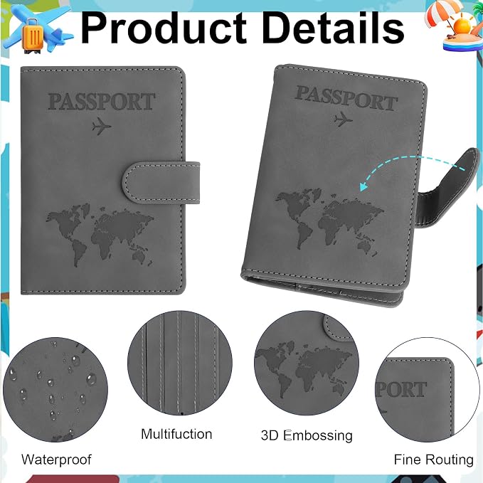 Passport Holder for Travel Essentials, Grey Leather Passport Cover, Passport Wallet Holders for Women Men Family Travel Gifts Must Have Accessories, Credit Card Cash Air Ticket Storage Supplies
