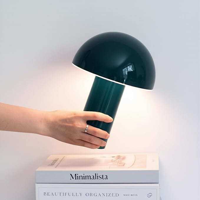 Brightech Celia Small Table Lamp – 10" Touch-Controlled Mushroom Desk Lamp, Cordless & Dimmable LED, Portable Bedside Night Light, Sustainable Light, Recycled Modern Patio Lamp for Home Décor – Teal