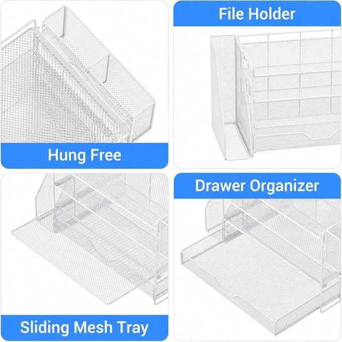 Desk Organizers and Accessories, 4-Tier Desktop File Organizer with Drawer and Pen Holders, Office Desk Accessories Workspace Organizers for Office Supplies (Soft White)