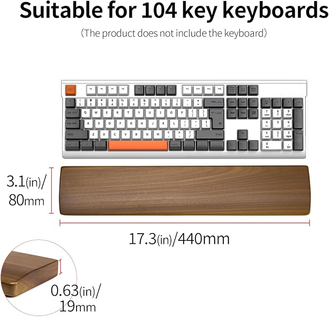 Ergonomic Wooden Wrist Rest Support for 104 Key Mechanical Keyboard | 17.3" for Full-Size Keyboard, Wrist Pain Relief, Easy to Clean and Smooth No Odor, Support Wrist to Coding Typing and Playing