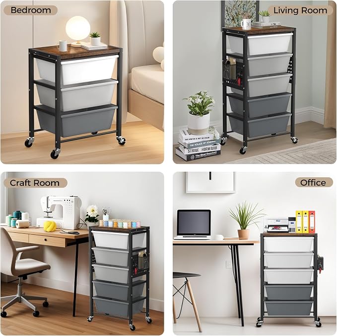 Rolling Cart with 3 Drawers, Plastic Drawer Storage Carts with Lockable Wheels & Wooden Tabletop, Metal Utility Cart Organizer, Office Bedroom Classroom Craft Organization and Storage, Dark Grey