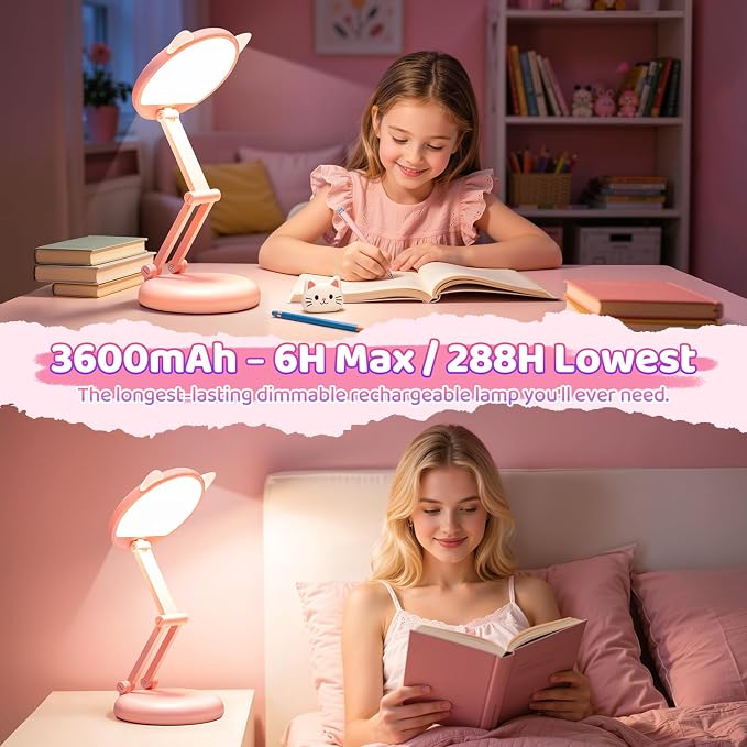 One Fire Cute Desk Lamp Pink Dorm Lamps for College Girls Foldable Portable Rechargeable Dimmable Cute Cat Lamp Kawaii Room Decor,College Dorm Decor for Girls Pink Classroom Essentials
