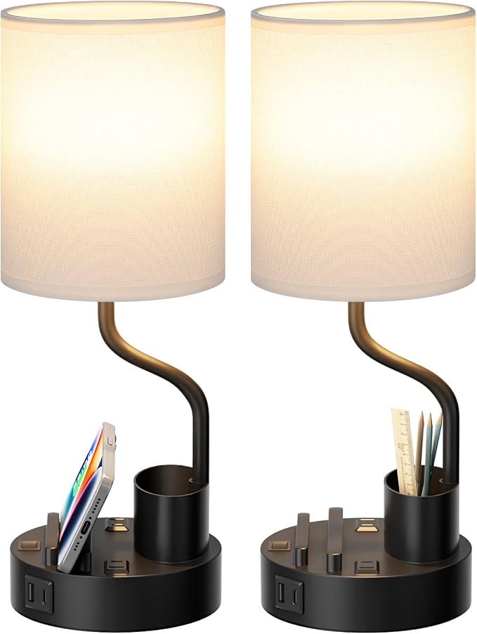Bedside Lamps for Bedroom Set of 2 - Table Desk Lamp for Nightstand | 15" Table Lamp for Living Room with Pen Holder & Phone Stand, USB A+C Port, AC Outlet, 3 Color Temperature, LED Bulb Included