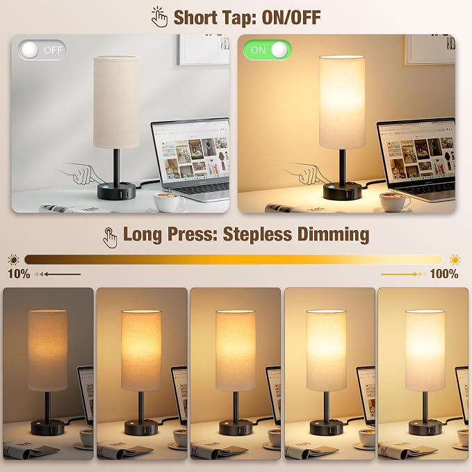 Beige Touch Bedside Lamp for Bedroom, Stepless Dimmable, USB A+C, AC Outlet | Base Touch Button Only, Memory Brightness, Ultra-dim Night Light, Included Bulb for Optimal Dimming, Beige Fabric Shade, Desk