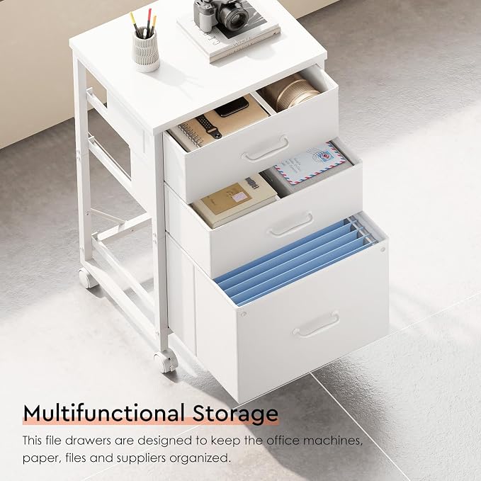 3 Drawer File Cabinet with Wheels with Open Storage Shelf, White | Rolling Printer Stand Fabric Lateral Filing Cabinet for Home Office