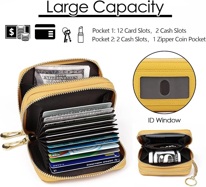 imeetu RFID Credit Card Holder, Small Card Wallet Women, Leather Card Case | Genuine Leather Women's Card & id Cases, Change Coin Purse with Zipper Keychain id Window, 20 Colors & 3 Styles, Daily, Gifts
